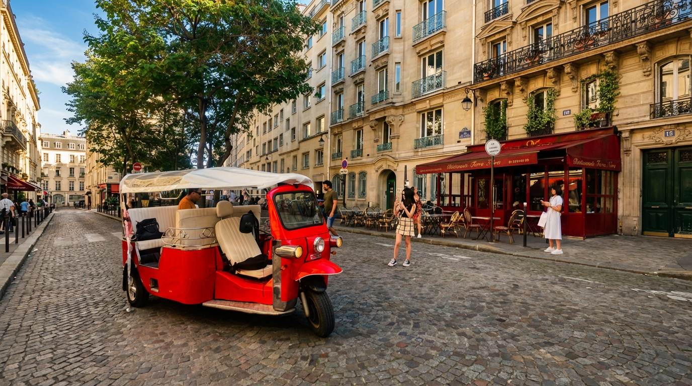 Tuk tuk rouge dans une rue parisienne